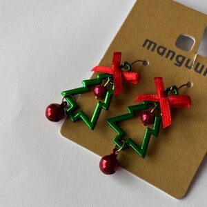 Manguun Christmas Tree Earrings with Red Bells & Bows